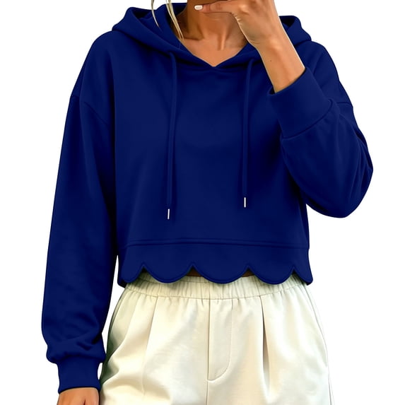 Awwp Women's Cropped Scalloped Long Sleeve Pullover Hoodies Fleece Lightweight Loose Fitting Drop Shoulder Sweatshirt Blue L