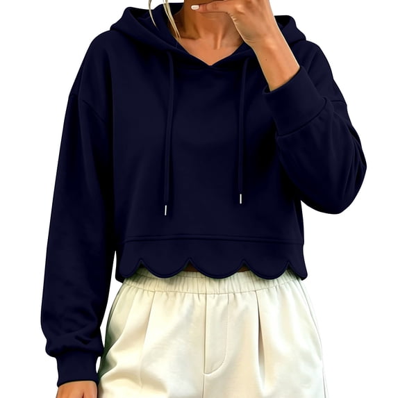 Awwp Women's Cropped Scalloped Long Sleeve Pullover Hoodies Fleece Lightweight Loose Fitting Drop Shoulder Sweatshirt Navy S
