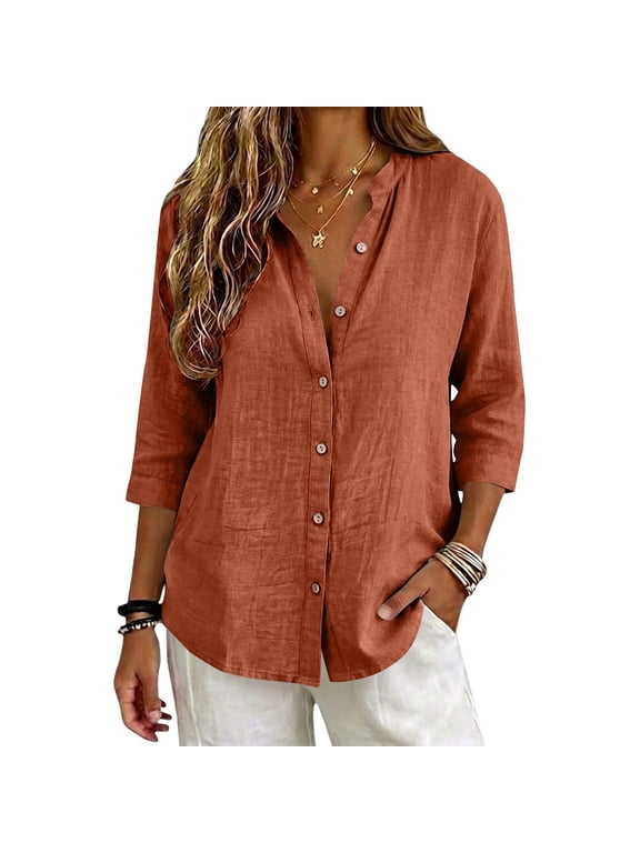 Women's Relaxed 3/4 Sleeve V-Neck Linen Blend Casual Top, Rust Red 2Xl