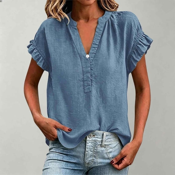 Awwp Women's V-Neck Short Sleeve Cotton Linen Loose Tunic Blouse, Navy L