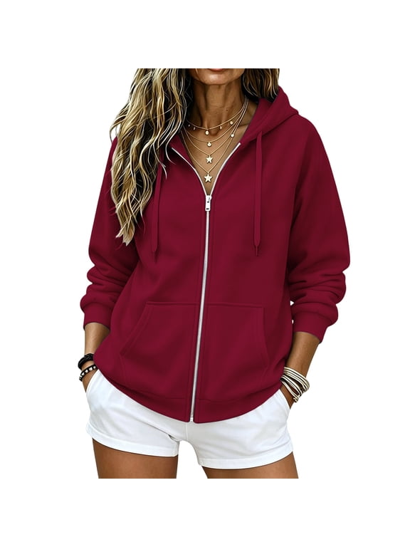 Zip up Hoodie Women Sweatshirts Comfy Fleece Lined, Long Sleeve Pockets, Drawstring Hooded, Loose Fit, Trendy Y2K Wine S
