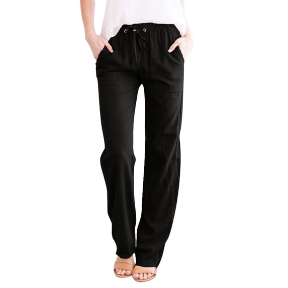Awxnjux Flowy Pants For Women Womens Casual Solid Color Loose Pockets Elastic Belt Waist Pants Long Trousers (Black,Xl)