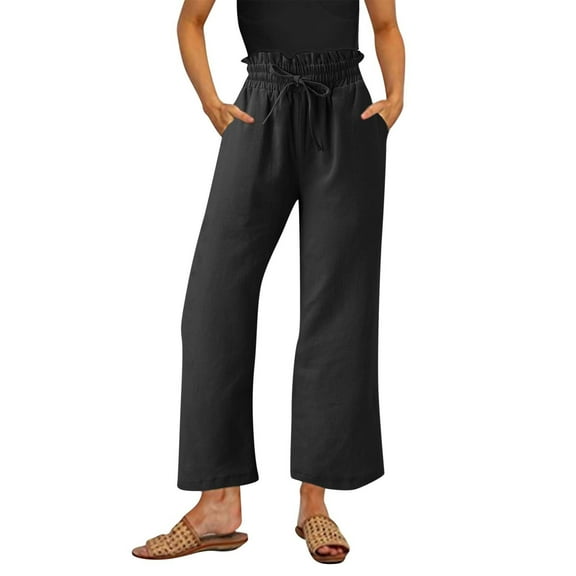 Awxnjux Flowy Pants For Women Womens Linen Pants High Waisted Wide Leg Drawstring Casual Loose Ankle Length Trousers With Pockets (Black,L)