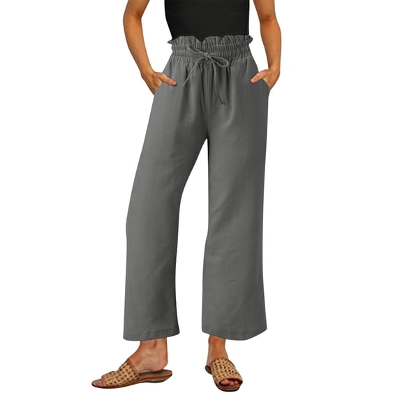 Awxnjux Flowy Pants For Women Womens Linen Pants High Waisted Wide Leg Drawstring Casual Loose Ankle Length Trousers With Pockets (Gray,L)