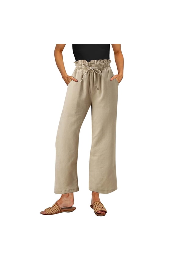 Flowy Pants For Women Womens Linen Pants High Waisted Wide Leg Drawstring Casual Loose Ankle Length Trousers With Pockets (Khaki,L)