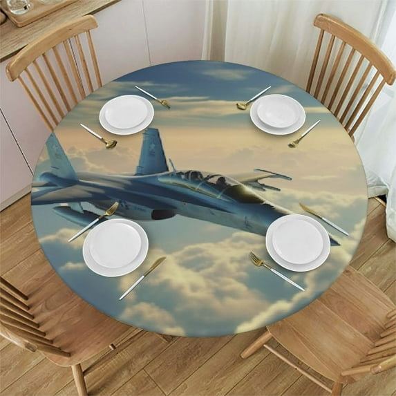 Awypu Aircraft Fighter Jets Round Table Cloth, Elastic Edged Fitted Table Cover Decor Tablecloths for Dinner, Picnic, Party White