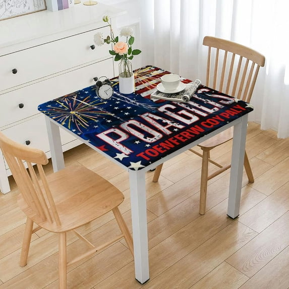 Awypu American Flags Fireworks Independence Day Square Tablecloth 100% Polyester Fiber 52*52