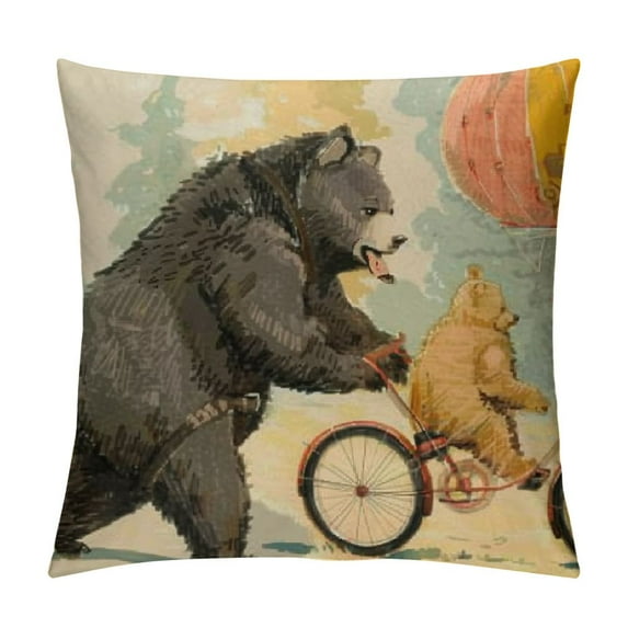 Awypu Animal Throw Pillow Covers Spring Farmhouse Tree Grassland Pillow Cover Decorative Grey Bear by Bike Pillow Cases Oblong Pillowslip 20x20in