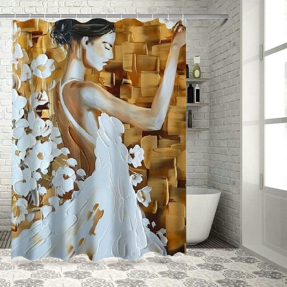 Awypu Ballet Girl Dancer in Floral Dress Abstract Waterproof Shower Curtain - Multiple Sizes White