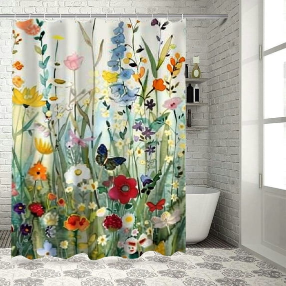 Awypu Bathroom Colorful Wildflower Pictures Waterproof Shower Curtain Multiple Sizes White