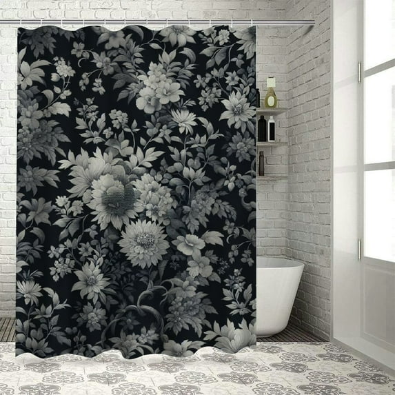 Awypu Black Brown Daisy Floral Block Print Flowers Decorative Waterproof Shower Curtain Multiple Sizes Durable and Washable White