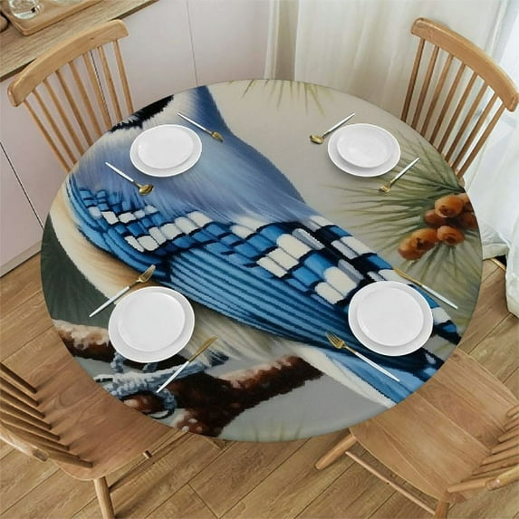 Awypu Blue Bird Round Fitted Tablecloth with Elastic Edge Fitted Table Cloth for Round Table Circular Table Cover Waterproof Wipeable Round Elastic Table Cloth White