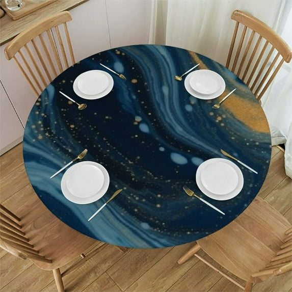 Awypu Blue Gold Marble Round Tablecloth with Elastic Edged Fitted Table Cloths Cover Mat Washable Polyester Spill Proof Table Covers for Indoor outdoor Dinning Patio Table White