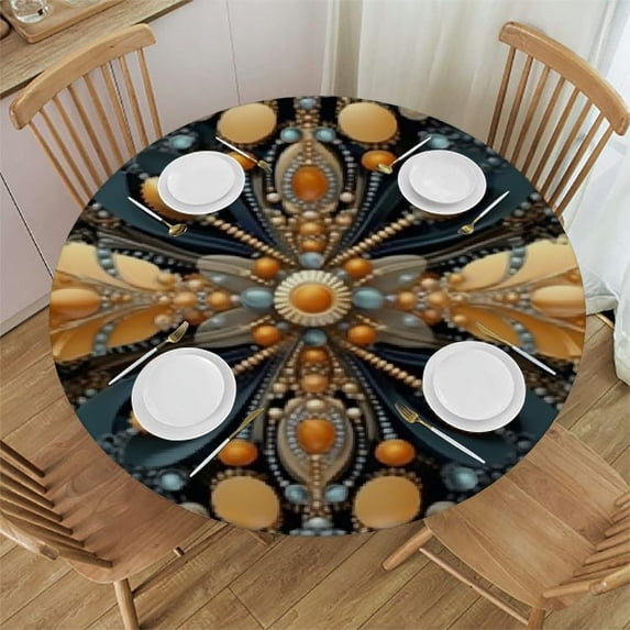 Awypu Bohemian Round Fitted Tablecloth with Elastic Edge Fitted Table Cloth for Round Table Circular Table Cover Waterproof Wipeable Round Elastic Table Cloth White