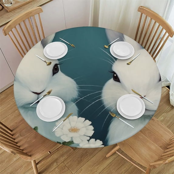 Awypu Bunny Rabbit Round Fitted Tablecloth with Elastic Edge Fitted Table Cloth for Round Table Circular Table Cover Waterproof Wipeable Round Elastic Table Cloth White