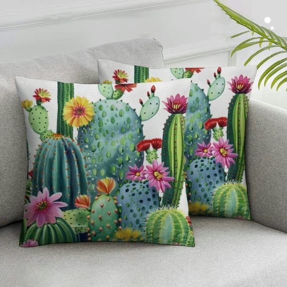 Awypu Cactus Throw Pillow Cushion Cover, Saguaro Cask Hedge Hog Prickly Pear Opuntia Tropical Botany Garden Plants Print, Decorative Square Accent Pillow Case,Yellow Pink,2 Pcs White