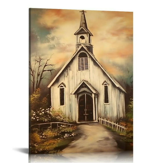 Awypu Canvas Wall Art Church Painting God Opens The Next Door Vintage Church With Rustic Barn Door Artwork Painting for Modern Living Room Office Decor Framed Ready to Hang