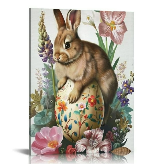 Awypu Canvas Wall Decor Rabbit Sitting On An Easter Egg With Flowers Animal Poster Wall Decor Cute Print Picture Paintings for Living Room Bedroom Wall Decorations