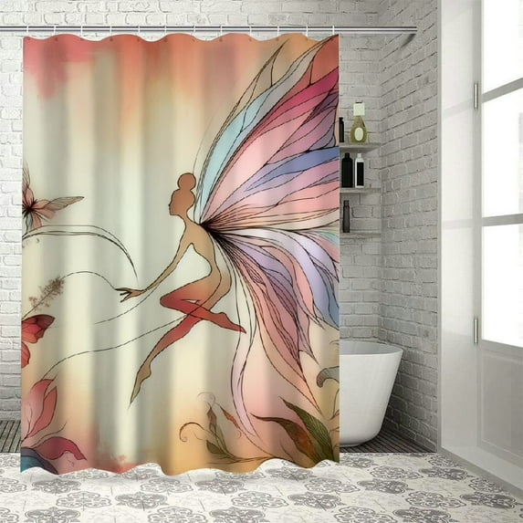 Awypu Chic Modern Bathroom Decor Flower Fairy Beautiful Butterfly Girl with Pink Wings Elves Wild Floral Leaves Decor Lumbar Waterproof Shower Curtain Multiple Sizes White