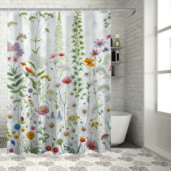 Awypu Chic Modern Bathroom Decor Vintage Floral Border Herbs and Wild Flowers Botanical Engraving Style Colorful Field Waterproof Shower Curtain White