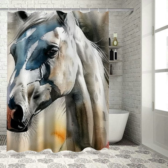 Awypu Chic Modern Bathroom Decor Watercolor Horse Waterproof Shower Curtain Multiple Sizes White