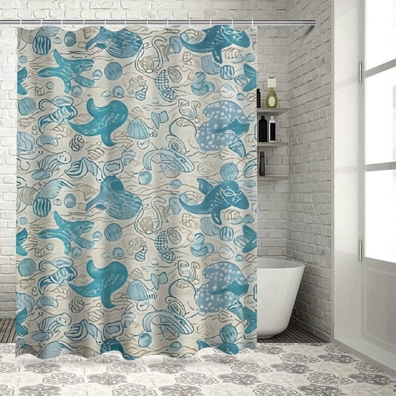 Awypu Chic Modern Bathroom Decor Waterproof Shower Curtain Multiple Sizes Nautical Pastel Toned Sea Shell Starfish Mollusk Seahorse Coral Reef Motif White