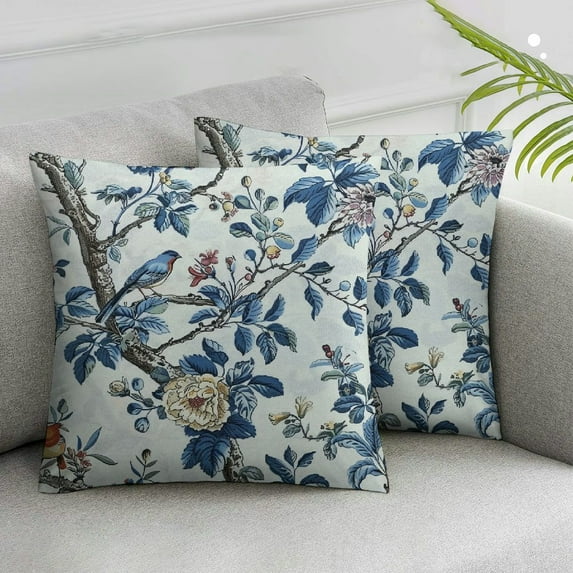 Awypu Chinoiserie Pillow Covers Set of 2, Vintage Bule Birds Flowers Farmhouse Decorations Throw Pillow Covers Blue and White Outdoor Decorative Cushion Case for Couch Sofa Home White