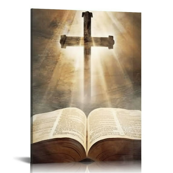 Awypu Christian The Holy Bible Wall Art Wooden Cross for Wall Decor Bible Cross Picture Canvas Printed Painting Religious Poster Stretched Frame Home Living Room Bedroom Decoration