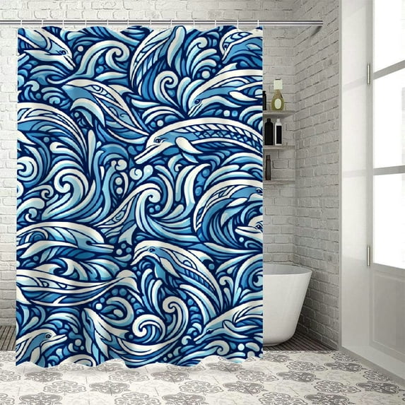 Awypu Dolphin Body Dolphin Illustration Jumping Waves with Large Mammal Friendly Ocean Animal, Decorative Waterproof Shower Curtain Multiple Sizes Home Bathtubs Bathroom Curtain Decoration White