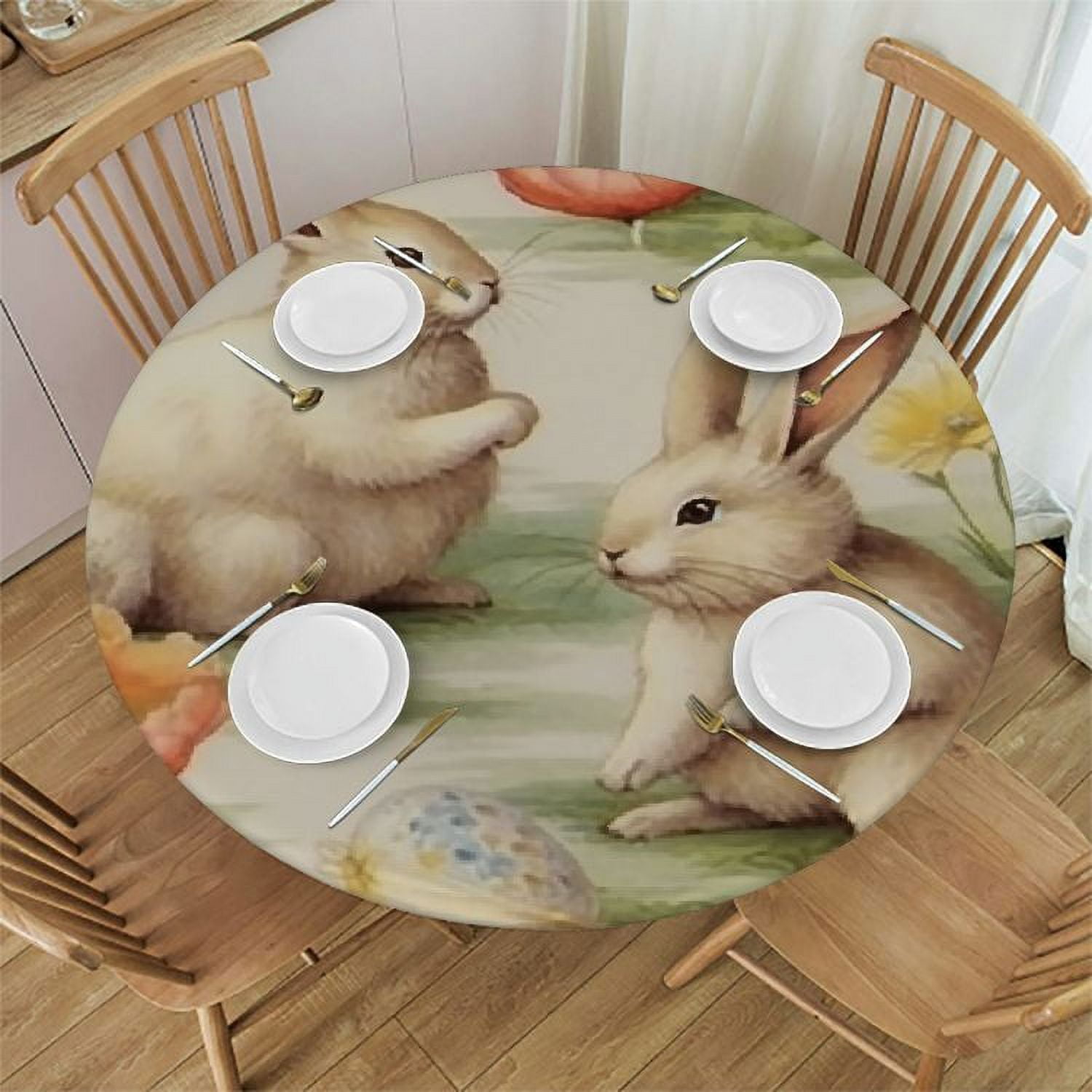 Simhomsen Embroidered Easter Bunny Tablecloth - Round 69 Inch, Floral & Woodland Scene Design For Spring Dining - View #4