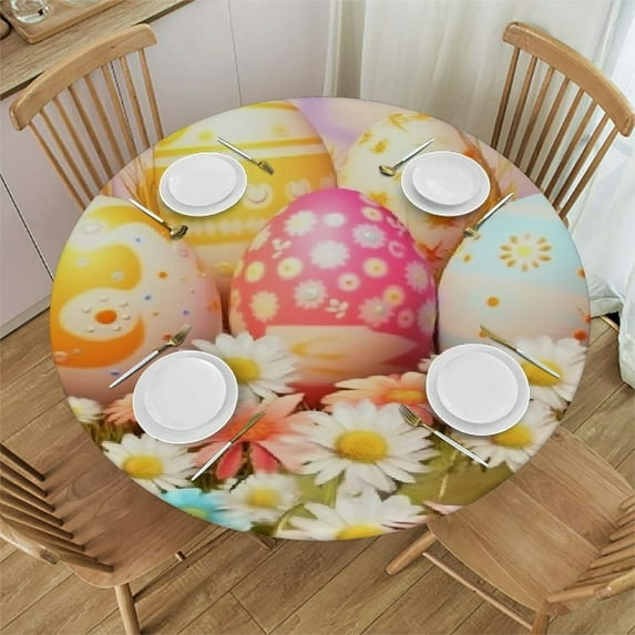 Awypu Easter Round Tablecloth with Elastic Edge, Happy Easter Rabbit Bunny Egg Fitted Tablecloth Washable Wipeable Spillproof Polyester Table Cover for Kitchen Dining Party Fits Round Table White