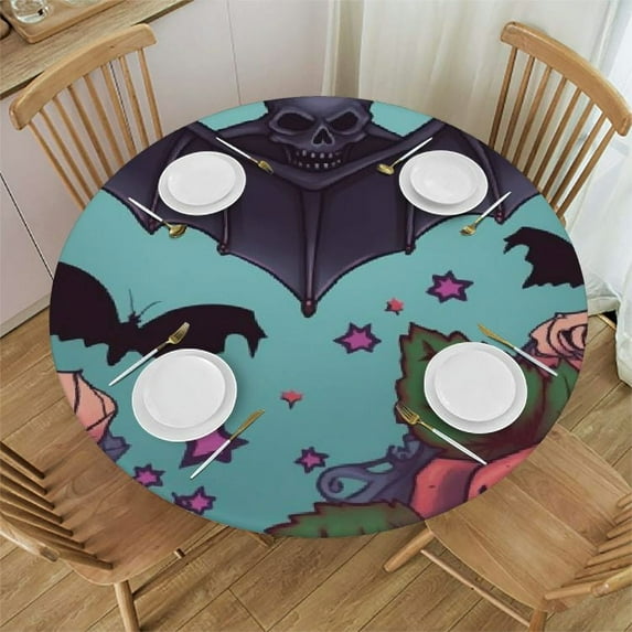 CMMY Elastic Edged Round Fitted Table Cloth Cover, Home Decorative Tablecloth for Kitchen Party Holiday Wipeable Table Cloth Polyester Halloween White