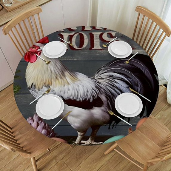 Awypu Farmhouse Rooster, Elastic Fitted Edged Round Tablecloth Fade Resistant Anti-Shrink Table Cloth Washable Table Cover for Indoor or Outdoor and Anywhere You Wanna use it White