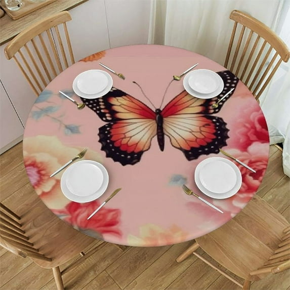 Awypu Floral Rose Butterfly Round Tablecloth with Elastic Edged Flower Fitted Table Cloths Cover Mat Washable Polyester Spill Proof Table Covers for Indoor outdoor Dinning Patio Table White