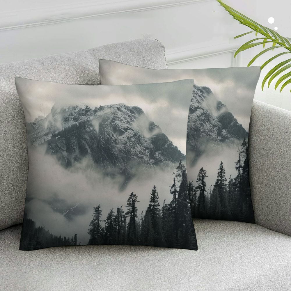 Awypu Foggy Forest Throw Pillow Cover Misty Natural Scenery Mountain Landscape Pine Mist Wood