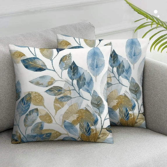 Awypu Gold Eucalyptus Leaf Pillow Covers Set of 2, Spring Eucalyptus Watercolor Pillow Cases, Blue Gray Leaves Modern Throw Pillows Cover Decor Gifts for Bed Couch Sofa Living Room