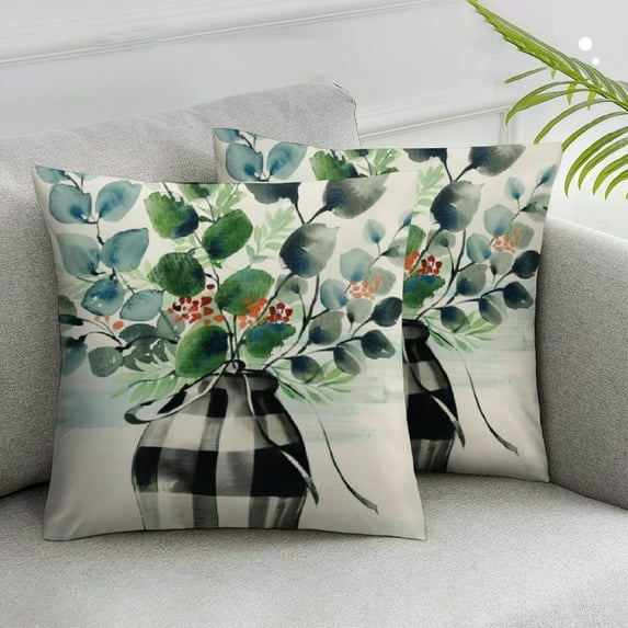 Awypu Green Eucalyptus Leaves Spring Throw Pillow Covers Greenery Buffalo Plaid Outdoor Spring Summer Farmhouse Decorations Decorative Throw Pillows Cases for Home Couch Sofa Decor,2 Pcs White