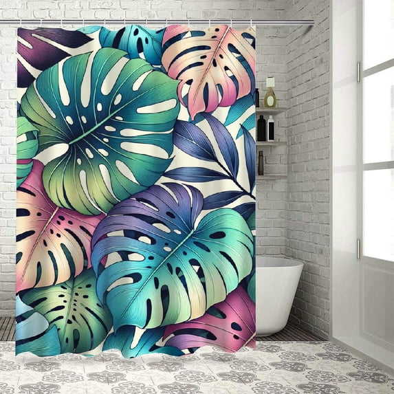 Awypu Green Leaves Tropical Palm Leaf Decorative Summer Shower Curtain Set White