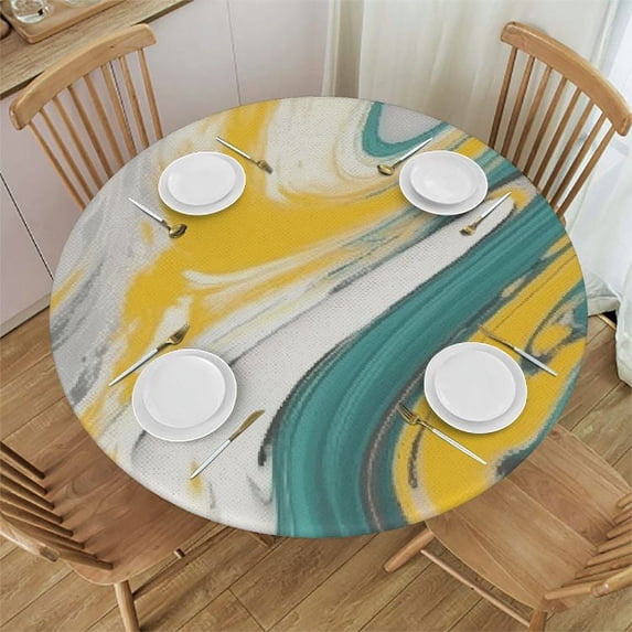 Awypu Green Marble Ink Round Tablecloth with Elastic Edged Fitted Table Cloths Cover Mat Washable Polyester Spill Proof Table Covers for Indoor outdoor Dinning Patio Table White