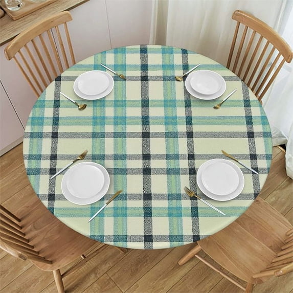 Awypu Green Tartan Plaid Round Tablecloth with Elastic Edged Fitted Table Cloths Cover Mat Washable Polyester Spill Proof Table Covers for Indoor outdoor Dinning Patio Table White