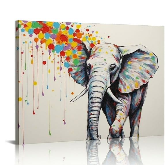 Awypu Happy Elephant Canvas Wall Art Cute Elephant Spraying Water Picture Print for Kids Room Bathroom Poster Framed Ready to Hang