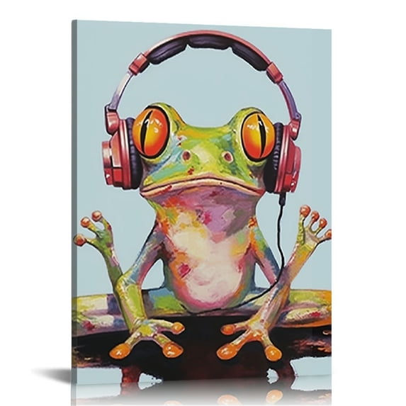 Awypu Happy Frog with Glasses Wall Art Canvas Posters Print Artwork Colorful Cute Funny Animal Frogs Framed for Living Room Kids Room Bedroom Bathroom Modern Home Decor