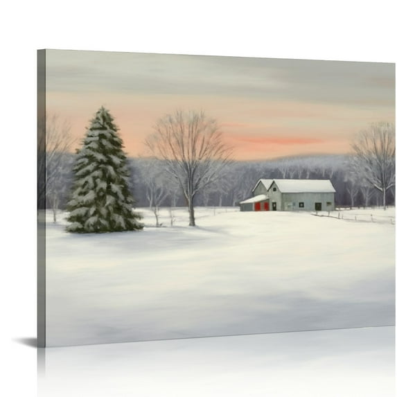 Awypu Holiday Winter Barn Canvas Wall Art Print, Christmas Wreath on a White Barn Amongst Fir Trees in Snow, Holiday Home Decor Artwork