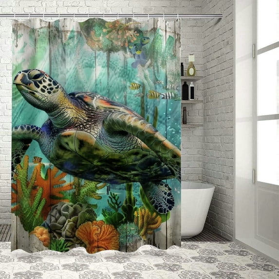 Awypu Home Bathtubs Bathroom Curtain Decoration Sea Turtle Starfish Coral Waterproof Shower Curtain White