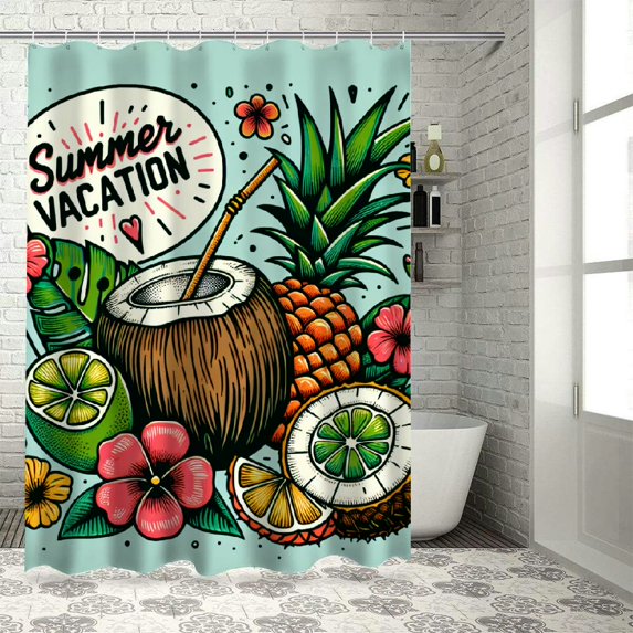 Awypu Home Bathtubs Bathroom Curtain Decoration Waterproof Shower Curtain Multiple Sizes Pineapple Cocktail Coconut with Lime Hibiscus Flowers and Palm Leaves Horizontal Invitation Banner White
