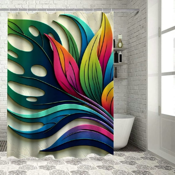 CMMY Home Bathtubs Bathroom Curtain Decoration Waterproof Shower Curtain Multiple Sizes Plant Tropical Leaves and Monstera with Abstract Color Scheme Hawaiian Floral Elements White
