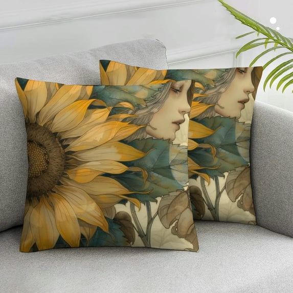 Awypu Ink Oil Painting Watercolor Yellow Green Sunflowers Summer Decorative Throw Pillow Cover Case Set of 2 Home Living Room Bed Sofa Car White