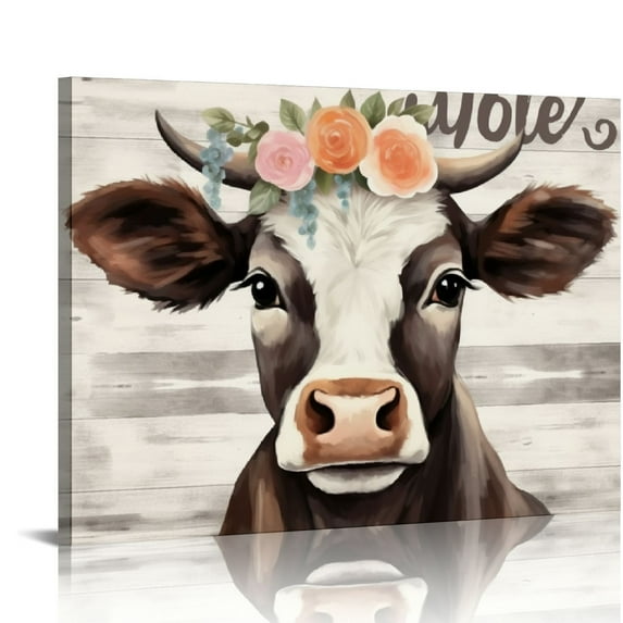 Awypu Inspirational Cow Decor Canvas Wall Art Wall Decor Cute Cow Print Stuff with Flowers Framed Poster Artwork Prints Pictures for Home Farmhouse Bathroom Kitchen Girls Bedroom Living Room