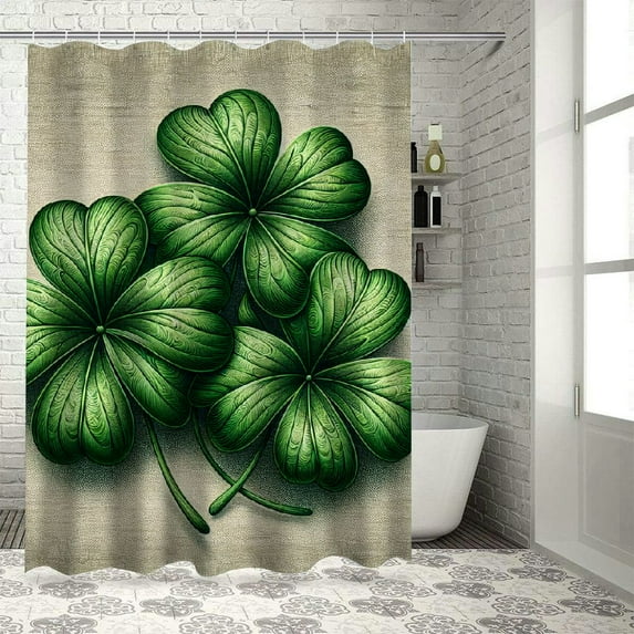 Awypu Ireland Holiday Happy St Patrick's Day Blessed Lucky Charm Shamrocks Four Leaf Clovers Cream Burlap Waterproof Shower Curtain Set White
