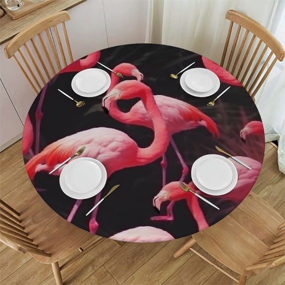 Awypu Lovely Pink Flamingos Round Table Cloth, Elastic Edged Fitted Table Cover Decor Tablecloths for Dinner, Picnic, Party White